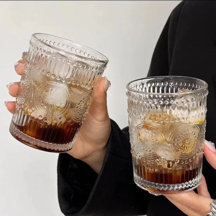 太阳花直身矮杯高档浮雕玻璃太阳花杯创意复古家用果汁饮料透明杯