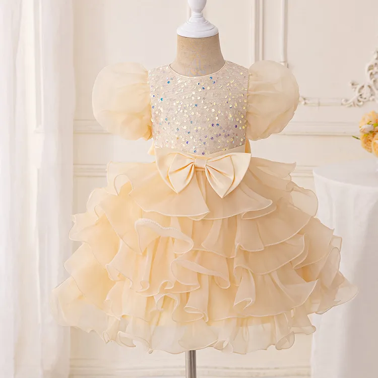 泡泡袖公主裙千层网纱礼服裙亮片结女孩子生日礼服女童连衣裙