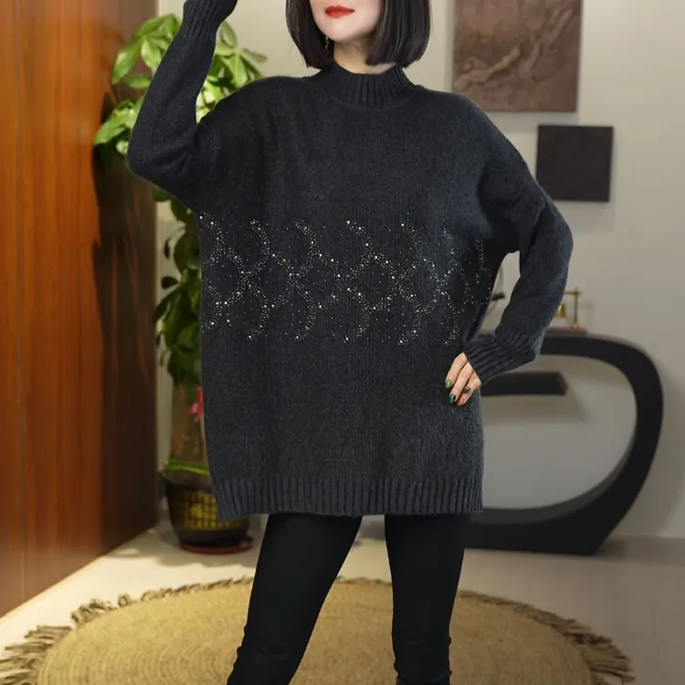 2025时尚洋气秋冬新款毛衣微胖mm遮肉显瘦烫钻气质上衣