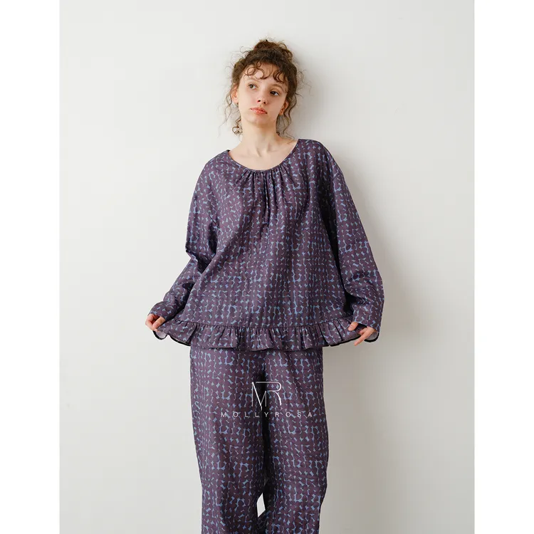 花影集·纯棉双层纱花边圆领秋冬碎花紫蓝家居服套装长袖睡衣女新