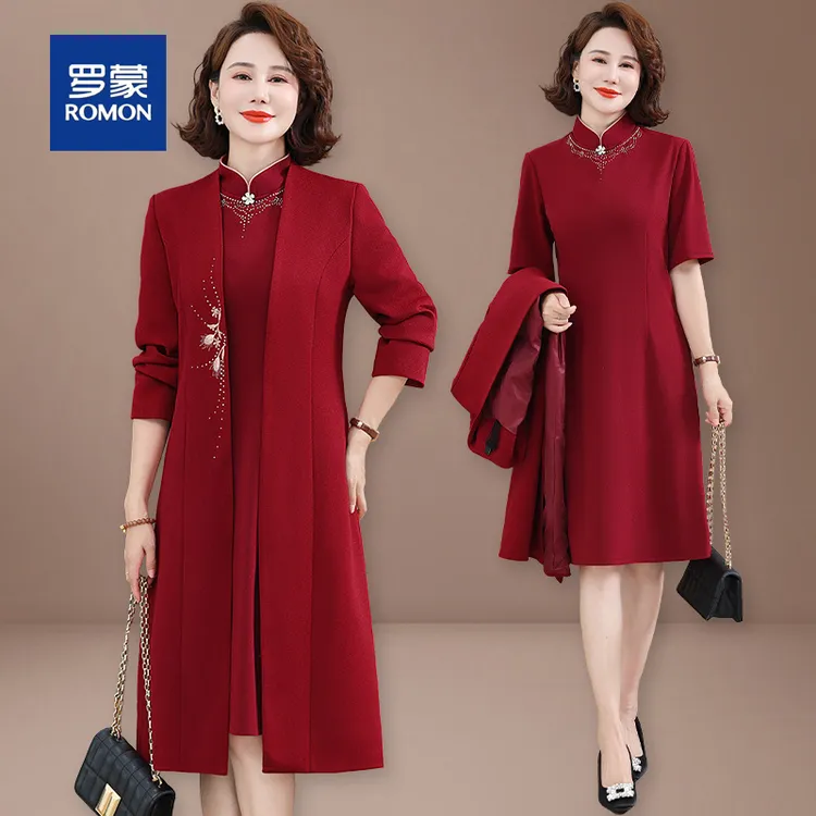 罗蒙十月份年轻喜婆婆婚宴装新款妈妈礼服连衣裙秋装高贵两件套裙