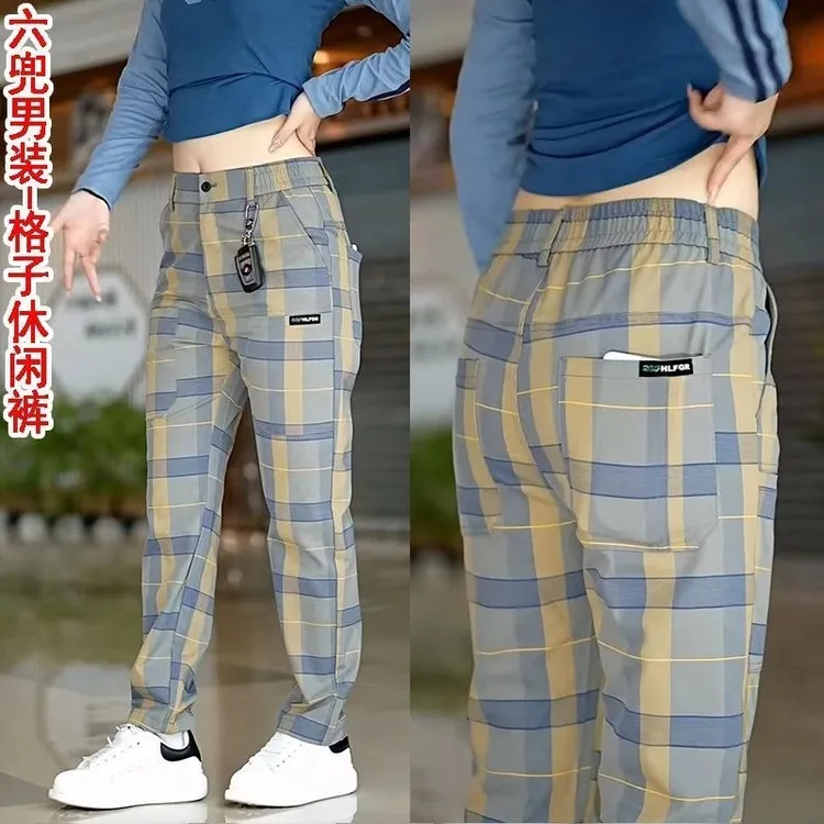 商城同款2025秋季男士格子休闲裤百搭弹力六兜直筒裤男款大码裤子