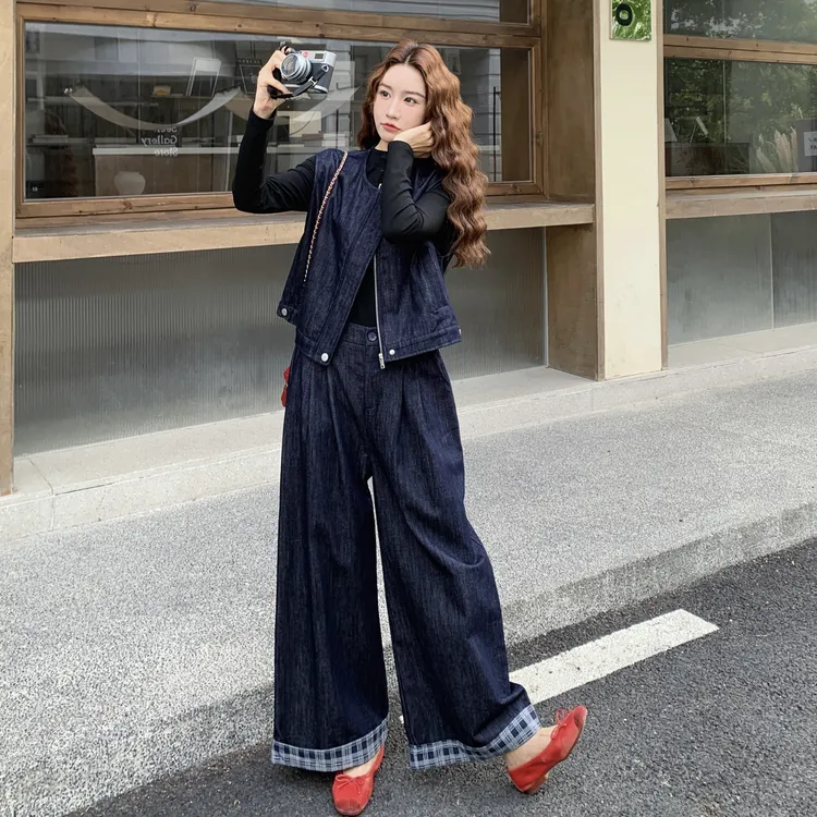 复古港风牛仔马甲套装女2025秋季新款高级感洋气拼接阔腿裤三件套