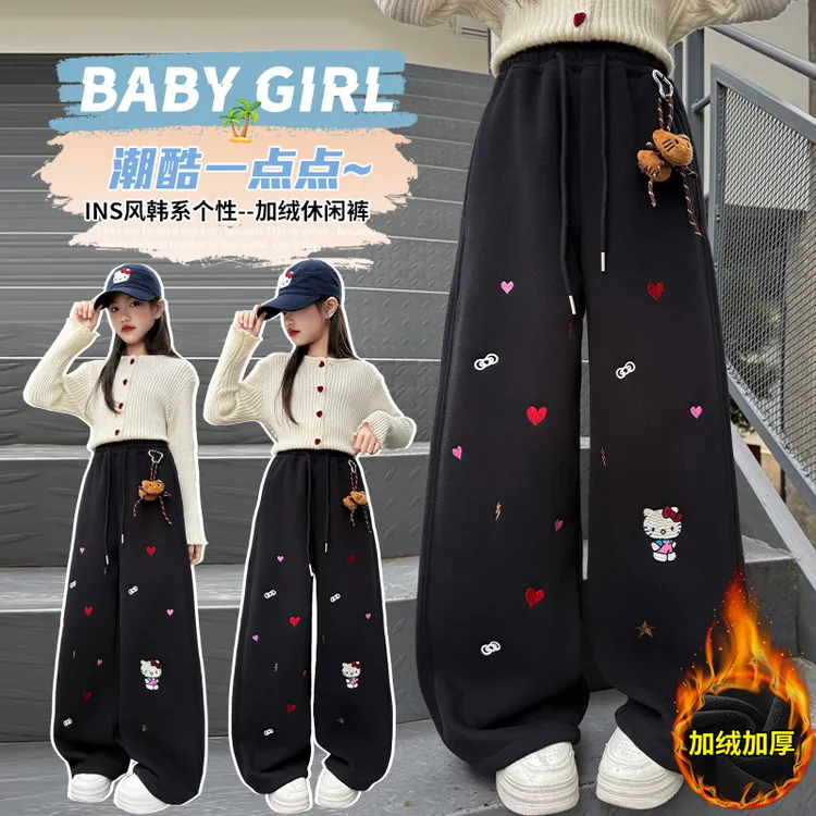 女童加绒加厚冬装长裤中大通女孩洋气童装卡通裤子冬季休闲阔腿裤