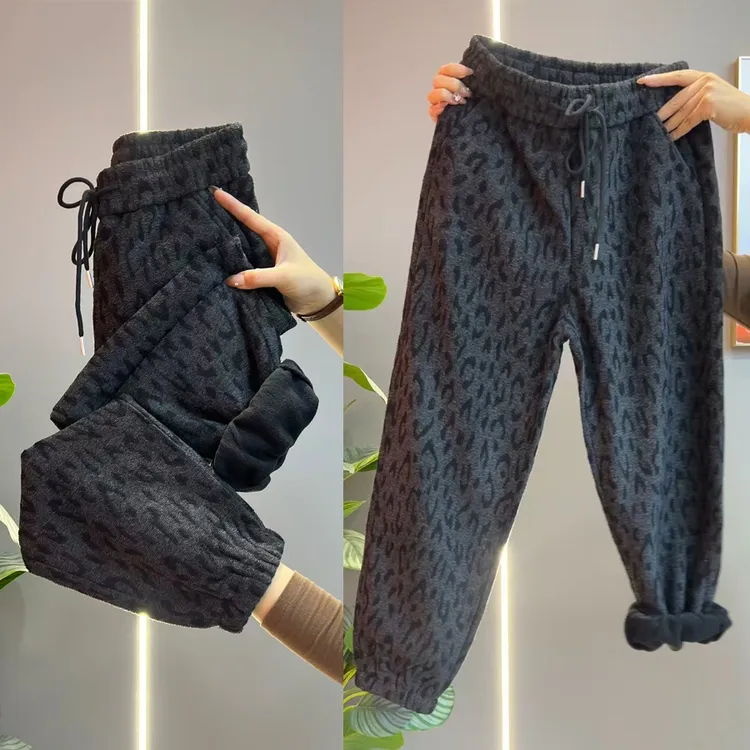 加绒豹纹休闲裤加厚女松紧腰时尚两穿舒适哈伦裤洋气显瘦直筒裤
