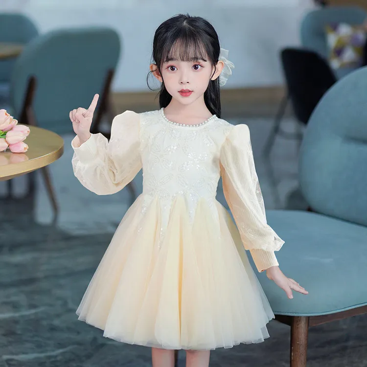 女童秋冬新款公主裙长袖儿童服装纯色网纱连衣裙女孩子中大童装