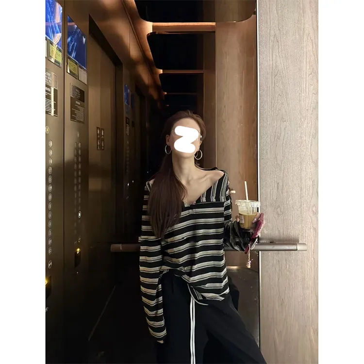 【纸片人条纹】韩版慵懒半开领长袖T恤女2025早秋新款宽松外穿上衣