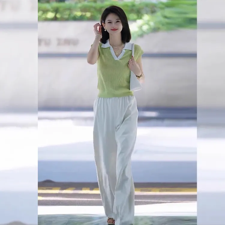 2025新款夏季一整套韩系chic别致松弛感绿色短袖上衣休闲裤两件套