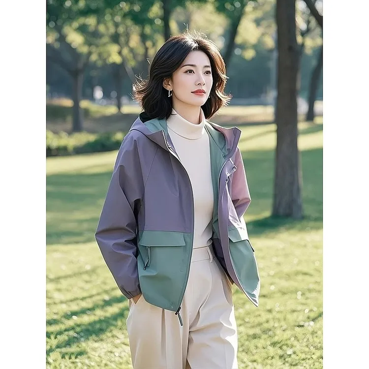 2025新款韩版短外套春季女时尚撞色连帽户外直下摆拼色拉链冲锋衣
