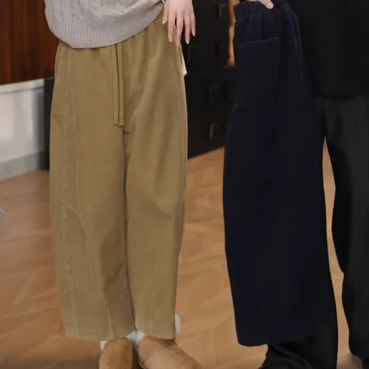 新款港风松紧腰细纹灯芯绒加绒九分阔腿裤弯刀裤LK2508206