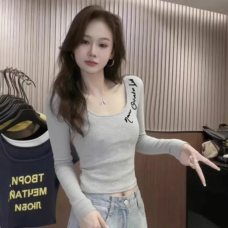 奶fufu的好温柔！早秋韩版薄款长袖T恤女修身显瘦短款小个子上衣潮