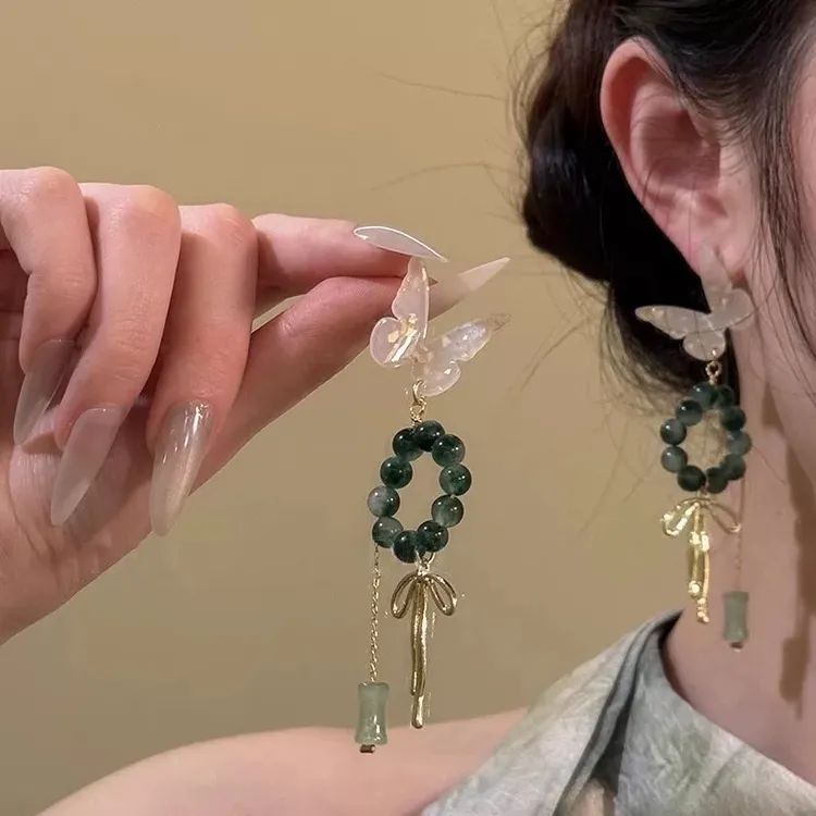 烟雨江南~新中式蝴蝶耳环串珠竹节耳饰小众高级感旗袍耳钉配饰品
