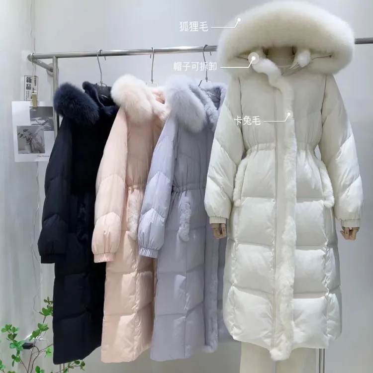 新款狐狸毛领羽绒服女中长款过膝门禁卡兔毛白鸭绒外套冬季