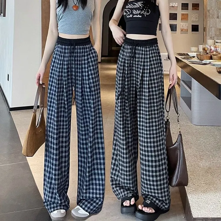 复古蓝色格子阔腿裤女夏季2025新款高腰垂感显瘦休闲高个子拖地裤
