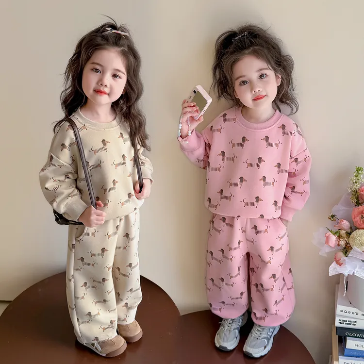 女童满印卫衣套装春秋款小女孩洋气女宝宝休闲两件套卡通儿童韩版