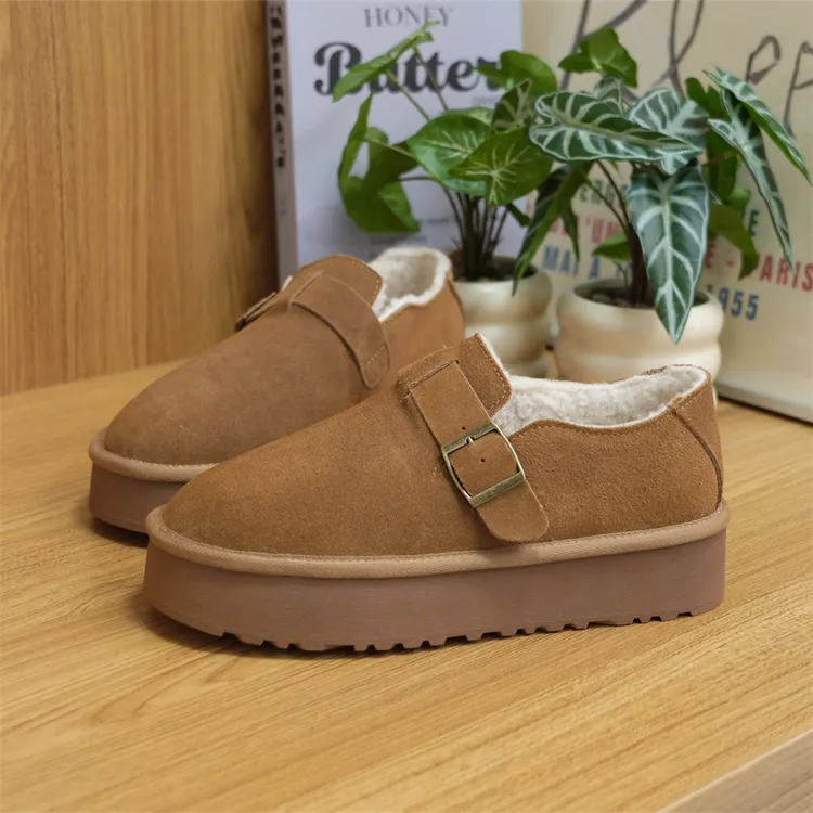 冬季女士加绒保暖雪地靴牛反绒真皮增高厚底舒适勃肯鞋Z1858-2026