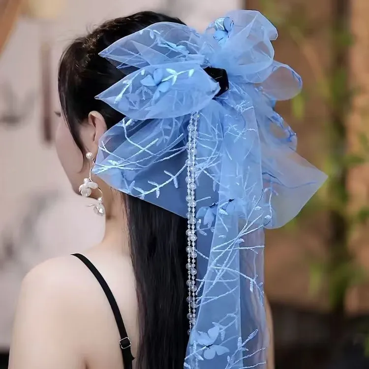 大号(洛神仙子)网纱蝴蝶马尾夹优雅流苏抓夹仙气刺绣飘带百搭发夹