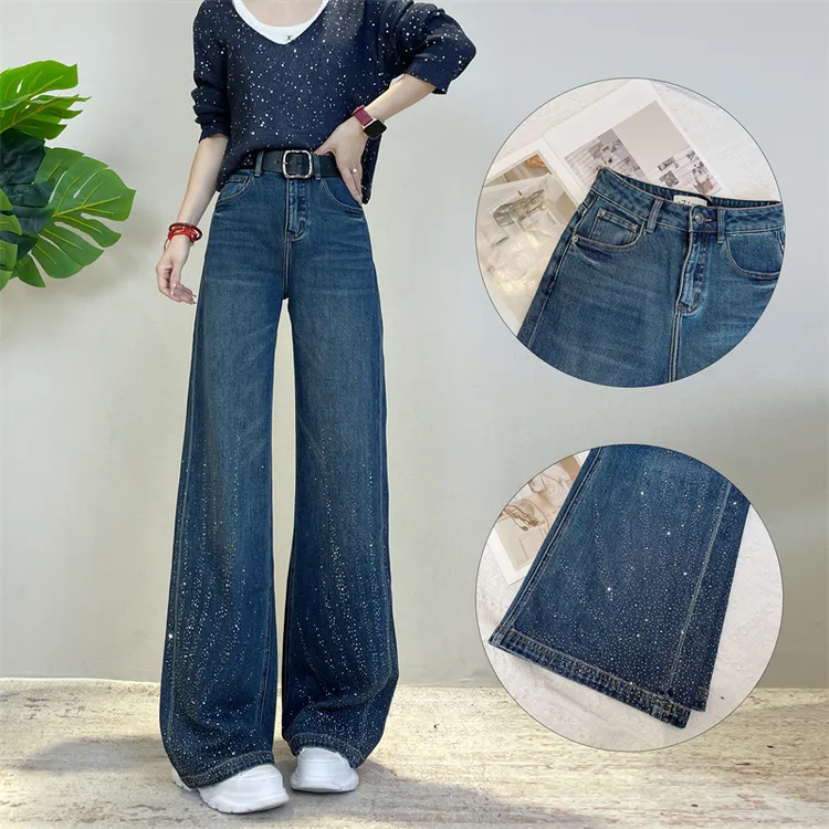 迪否镶钻窄版直筒2025秋季新款时尚宽松慵懒风阔腿牛仔裤6323