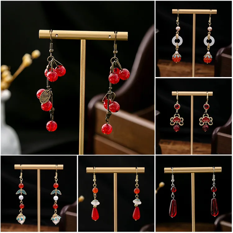 铜合金锆石耳饰 古风红色系列祥云耳环国风水滴旗袍汉服配饰耳环