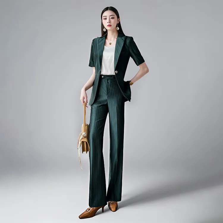 绿色时尚洋气西装套装女夏季气质ol职业女装微喇裤西服两件套薄款