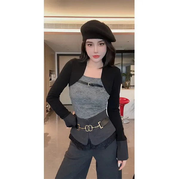 欧货设计感轻熟风假两件方领长袖T恤显瘦小众辣妹甜酷上衣