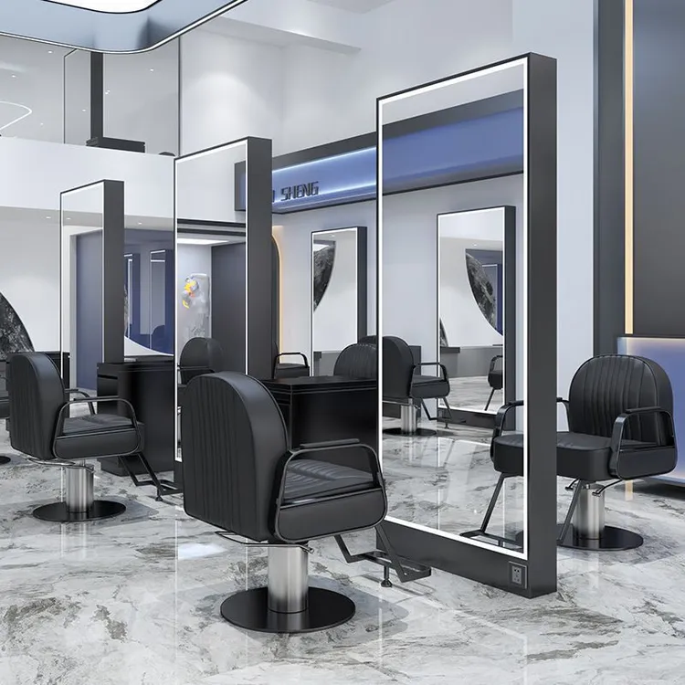 网红理发店镜子美发镜台发廊专用双面落地带灯美发店不锈钢剪发