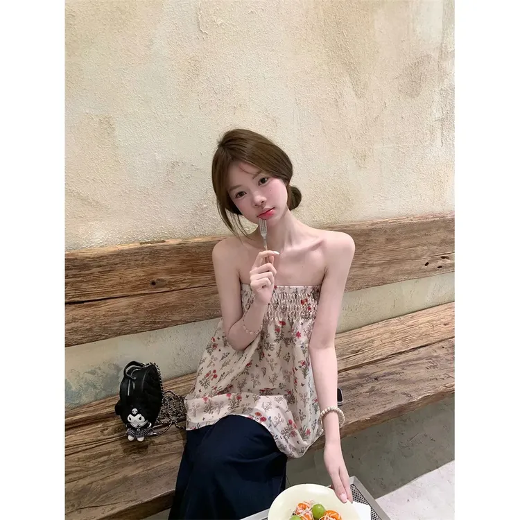 甜美风设计感碎花百搭抹胸背心女装夏季显瘦小众别致上衣
