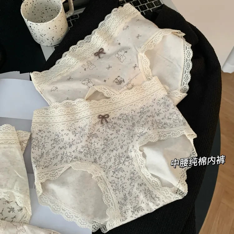 10A抑菌清新田园ins风A类棉内裤女软糯舒适蕾丝边无痕加长全棉裆