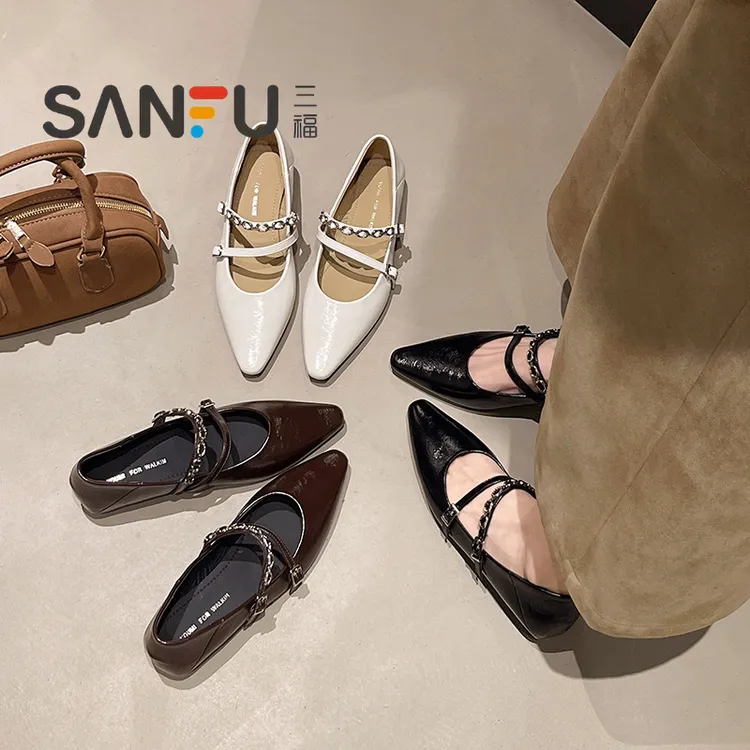 三福单鞋复古法式温柔粗跟高跟方头百搭夏季平底尖头浅口中跟单鞋