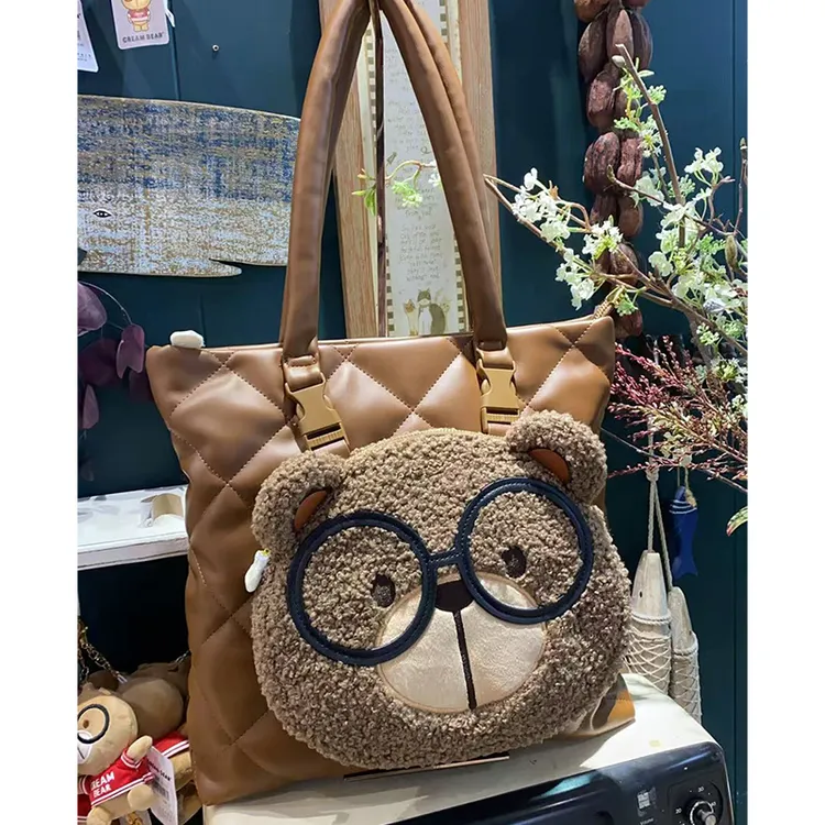 奶油熊官方正品新款卡通可爱熊大脸毛绒托特包大容量日常背高颜值