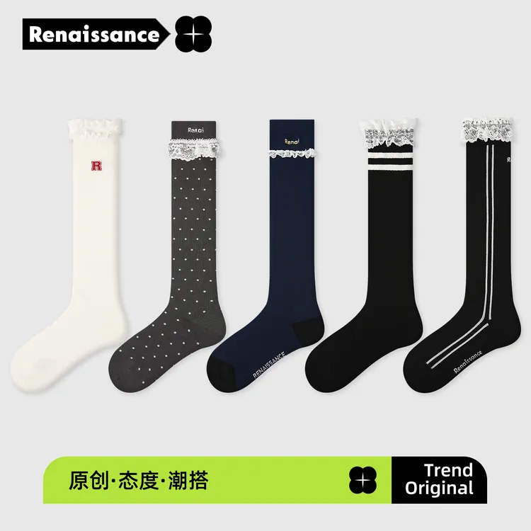 Renai蕾丝堆堆jk袜子女春秋学院风刺绣甜妹韩版秋季百搭中长筒袜