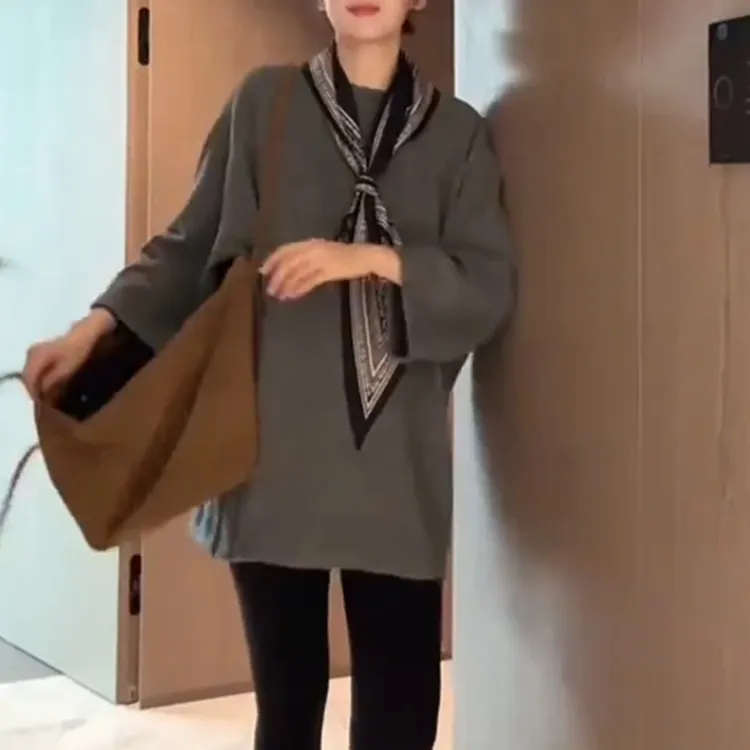 美拉德系复古圆领长袖t恤女2025春秋新款大码宽松显瘦打底衫上衣