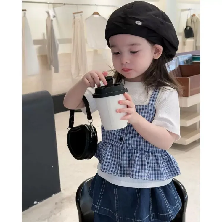 韩国女童套装2025春秋新款儿童外套宝宝格子小吊带宽松裤子三件套