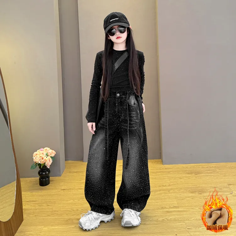 女童2025新款闪钻加绒韩版时尚百搭上衣阔腿牛仔加绒裤两件套潮酷