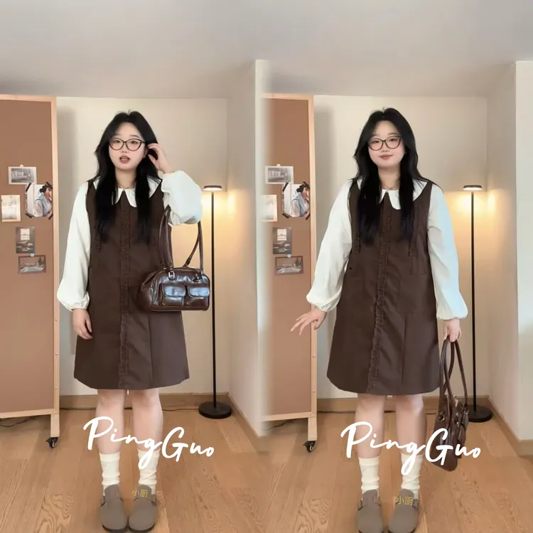 新款胖MM韩版娃娃领长袖衬衫木耳边遮肉连衣裙两件套