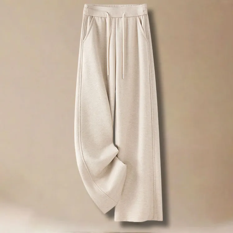 米白色醋酸羊毛裤子女2024新款秋冬款休闲直筒阔腿裤软毛呢糯米裤
