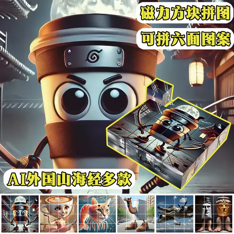 外国AI山海经咖啡忍者磁力方块拼图儿童益智拼装玩具磁吸石积木