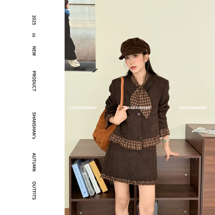 XIANZAI【质朴美学】秋冬新款法式气质时尚设计感外套短裙两件套装