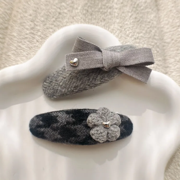 高级感秋冬毛呢BB夹时尚气质灰色蝴蝶结少女心侧边夹刘海夹碎发夹