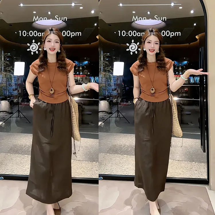 韩版圆领纯色修身显瘦短袖上衣女高腰口袋设计感半身裙套装两件套