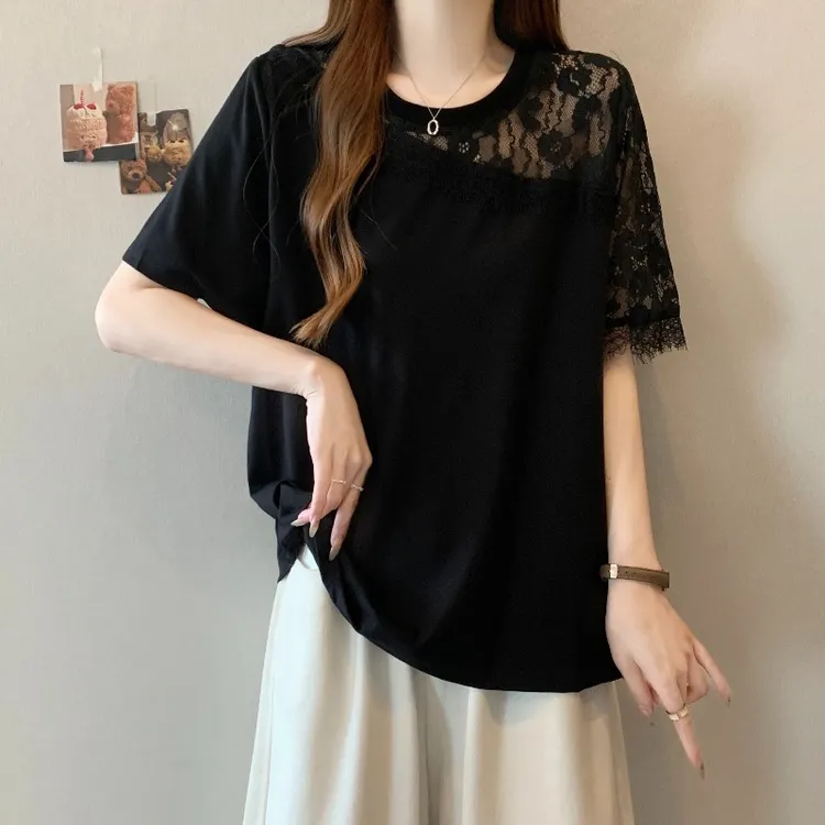 大码设计感蕾丝拼接短袖T恤女夏季新款胖MM宽松显瘦百搭洋气上衣