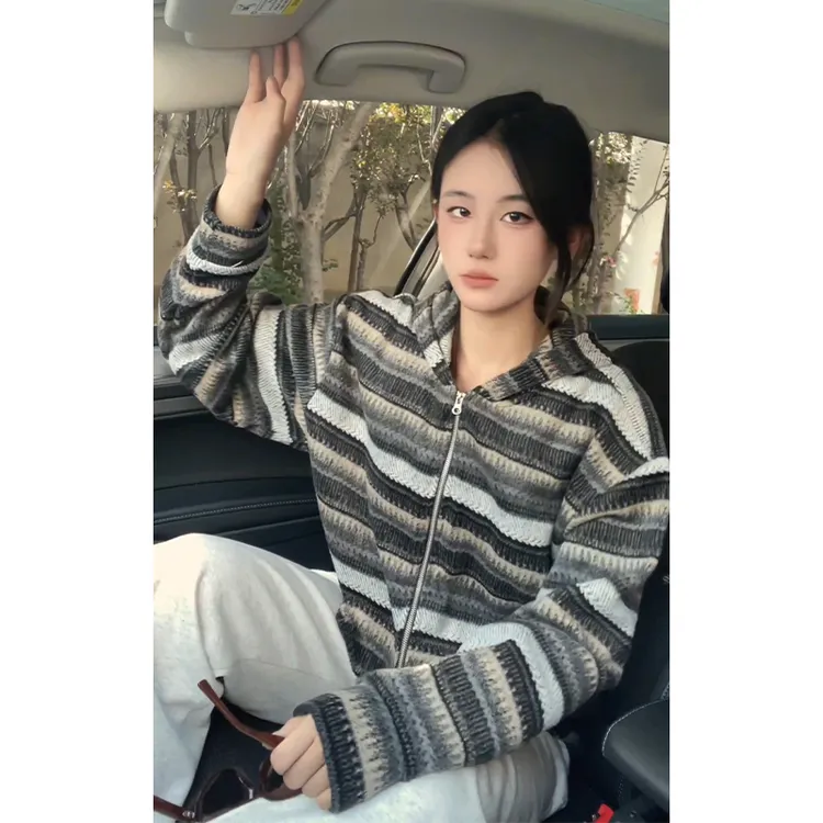 美式慵懒风条纹卫衣男款秋冬季复古毛呢帽衫宽松休闲连帽开衫外套