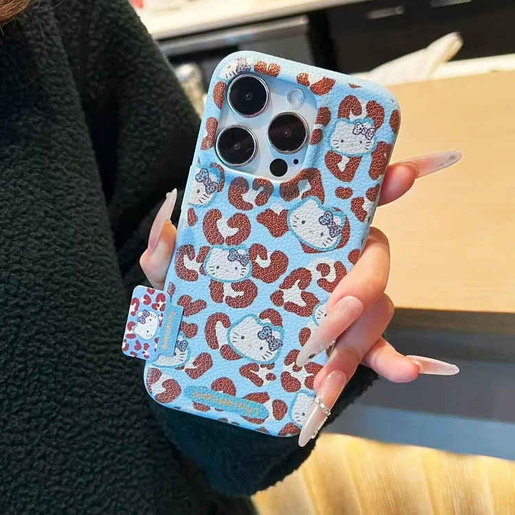 奥菲顿满屏蓝豹纹KT标签适用苹果16皮纹手机壳小米17vivo华为oppo