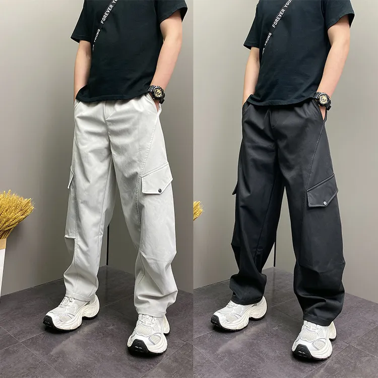 设计感大口袋直筒工装裤男春秋纯色百搭休闲裤美式潮牌宽松阔腿裤
