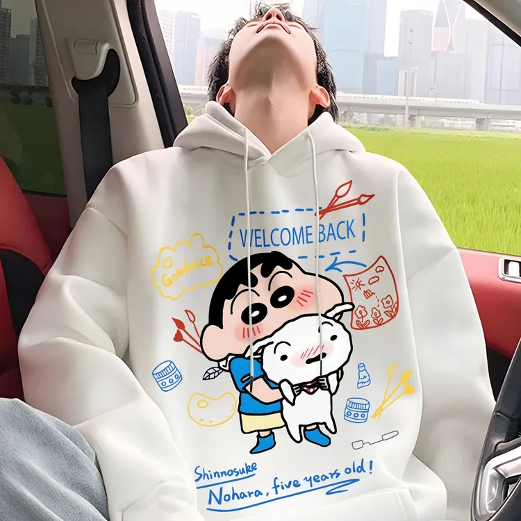美式蜡笔小新印花连帽卫衣男女秋冬款加绒高级感青少年宽松外套潮