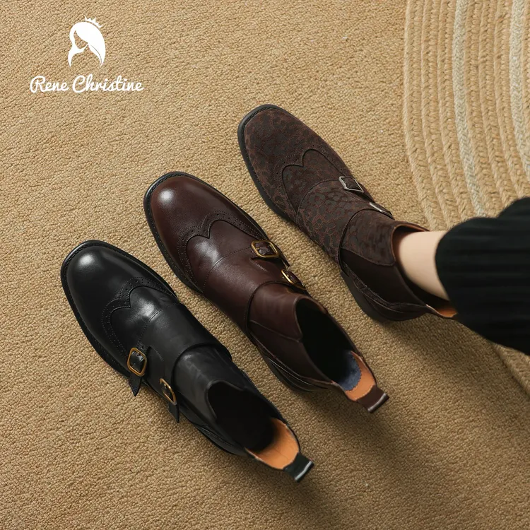 好看的双扣玛丽珍|4.0cm|秋冬法式复古玛丽珍真皮粗跟百搭靴子女