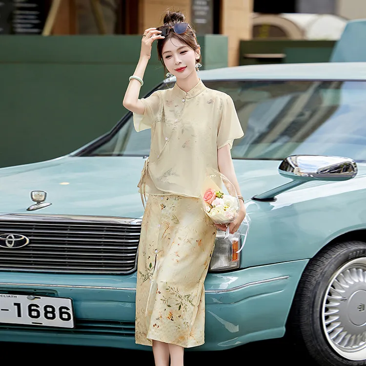 新款中国风新中式时尚套装文艺唐装夏季套装印花夏装复古时尚短袖