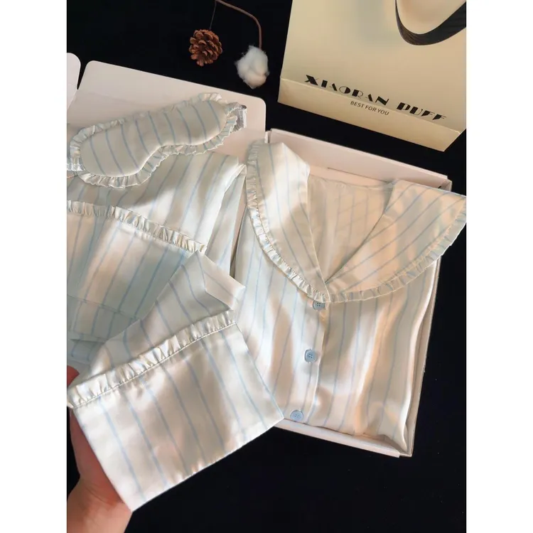 小鞠同款花边条纹冰丝睡衣女春秋季新款长袖长裤家居服套装可外穿