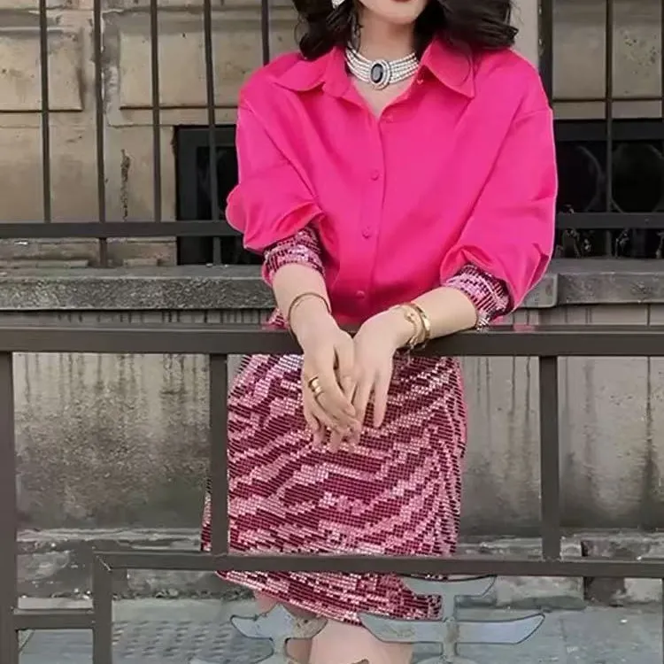 米欧定制高定2025【玫粉佳人】轻奢长袖衬衫半身裙两件套套装 女