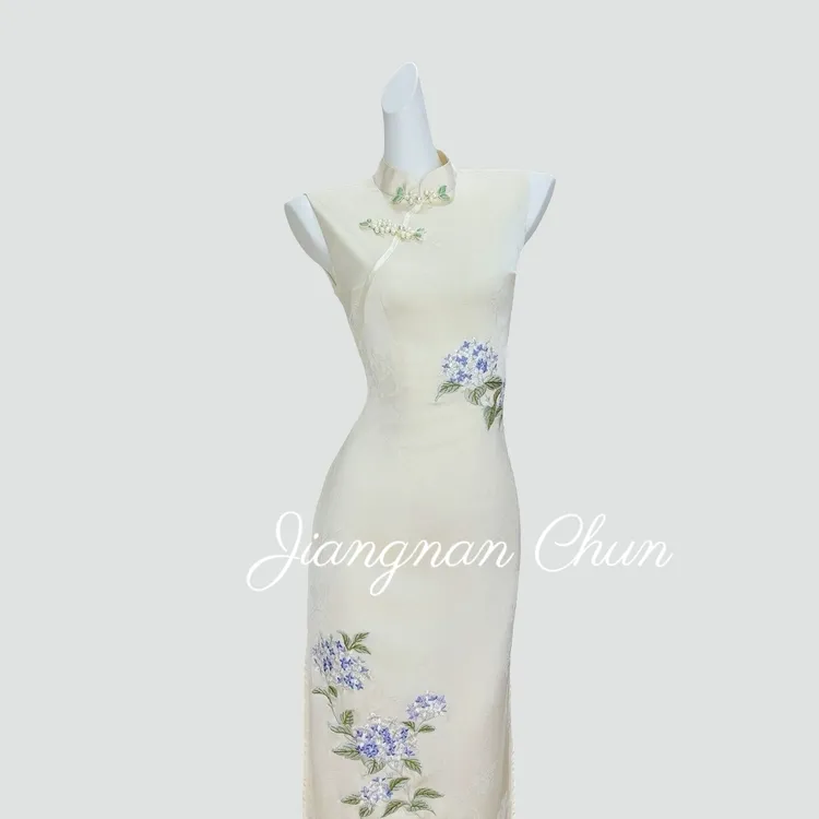 【心香一瓣】衣长120国风新中式缎面绣花连衣裙气质温婉改良旗袍裙